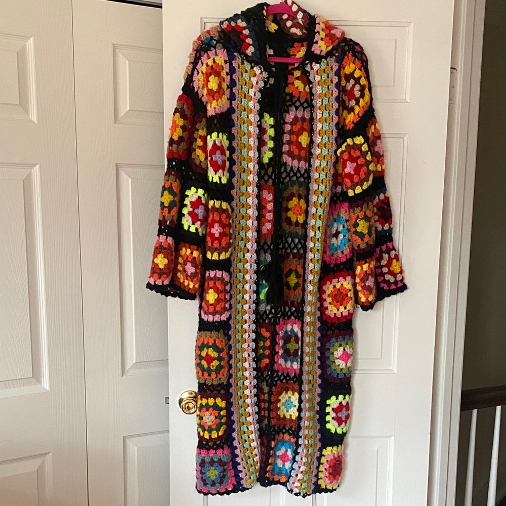 Multicolor Crochet Style Patch Long Cardigan Swea… - image 2